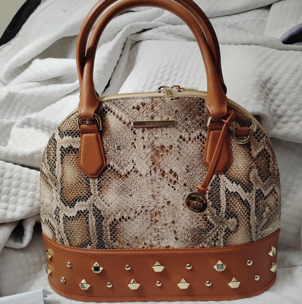 Brown Snake Print Handbag with Gold Accents In Brahmin Georgina